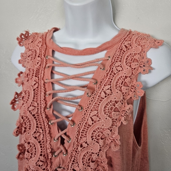 Entro Womens Small Peach Orange Boho Tank Top Blouse Crochet Lace Up Girly Linen - Picture 2 of 8